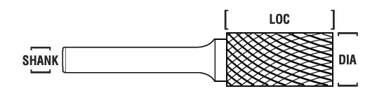 1/4" Sa Shape Carbide Burr. Single Cut Cylinder Without End Cut. Loc 1/2" Shank Od 1/8" Oal 1-3/4" - Uncoated 1