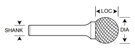 1/4" Sd Shape Carbide Burr. Single Cut Ball Shape. Loc 7/32" Shank Od 1/8" Oal 1-3/4" - Uncoated 1
