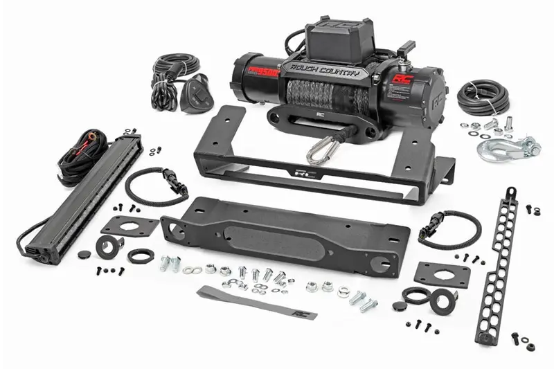 2021-25 Ford Bronco Rough Country High Winch Mount W/ Pro9500s Winch And 20In Drl Light Bar 1
