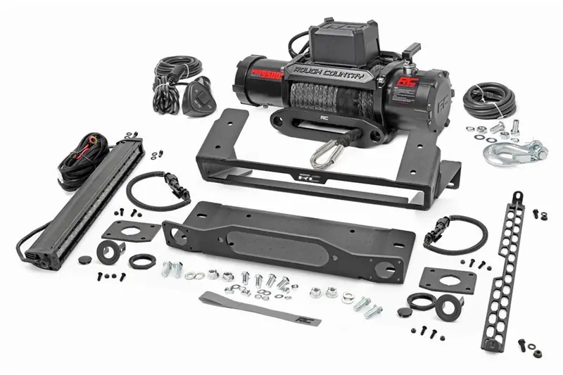 2021-25 Ford Bronco Rough Country High Winch Mount W/ Pro9500s Winch And 20In Light Bar 1