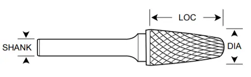3/16" Sl Shape Carbide Burr. Single Cut Ball Nosed Cone. Loc 1/2" Shank Od 3/16" Oal 2" - Uncoated 1