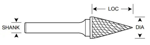 3/16" Sm Shape Carbide Burr. Single Cut Cone Shape, 16 Degree Included. Loc 1/2" Shank Od 1/8" Oal 1-11/16" - Uncoated 1