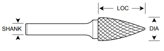3/4" Sg Shape Carbide Burr. Double Cut Pointed Tree. Loc 1-1/2" Shank Od 1/4" Oal 2-1/2" - Uncoated 1