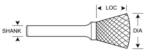 3/4" Sn Shape Carbide Burr. Single Cut Inverted Cone Shape, 30 Degree Included. Loc 5/8" Shank Od 1/4" Oal 2-1/2" - Uncoated 1