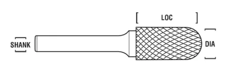 3/8" Sc Shape Carbide Burr. Double Cut Ball Nosed Cylinder. Loc 3/4" Shank Od 1/4" Oal 2-1/8" - Uncoated 1