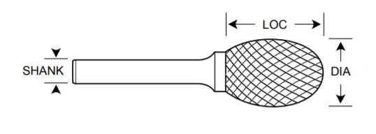 3/8" Se Shape Carbide Burr. Double Cut Oval Shape. Loc 5/8" Shank Od 1/4" Oal 2-1/8" - Uncoated 1