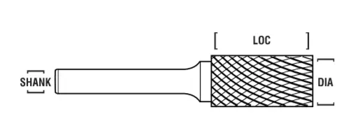 5/32" Sb Shape Carbide Burr. Single Cut Cylinder With End Cut. Loc 5/8" Shank Od 1/4" Oal 2" - Uncoated 1