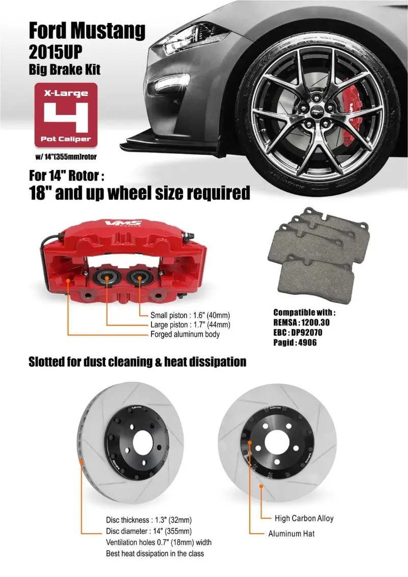 Front Big Brake Kit 2 Piece 14" Rotors With 4 Piston Calipers (2015-2021 Mustang) 1