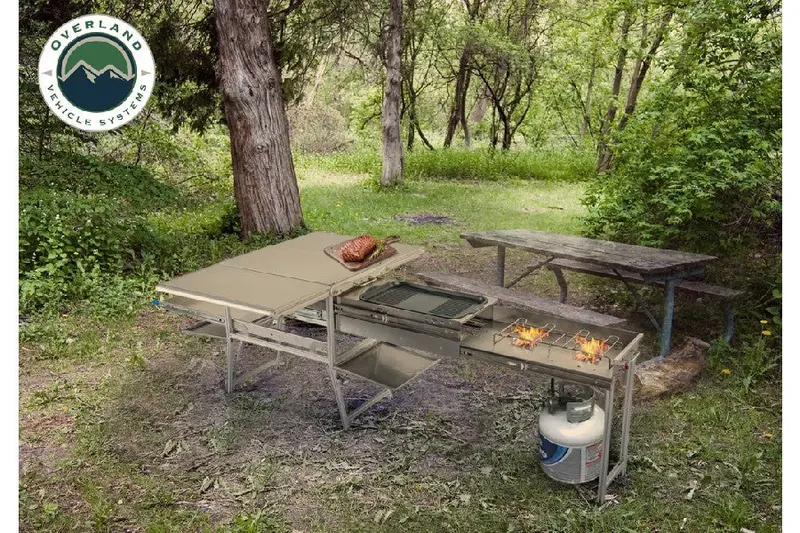 Overland Vehicle Systems Komodo Camp Kitchen -  Dual Grill, Skillet, Folding Shelves,  And Rocket Tower - Stainless Steel 1