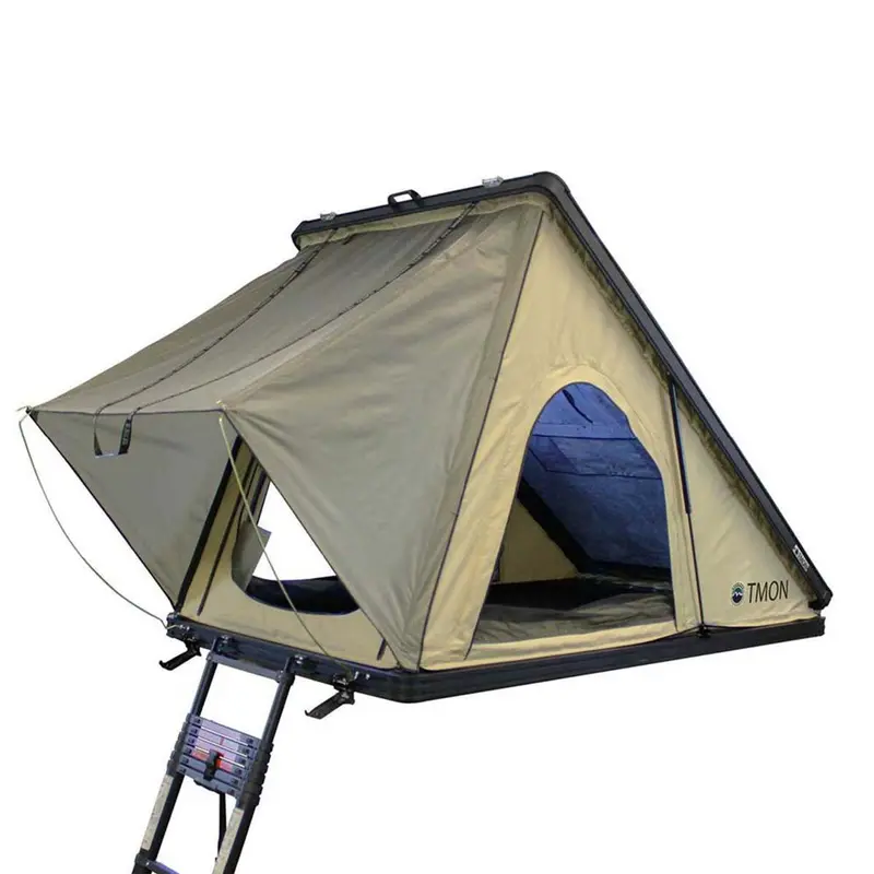 Overland Vehicle Systems Ld Tmon Clamshell Aluminum Hard Shell Roof Top Tent - 2 Person Capacity, Tan Body & Green Rainfly 1