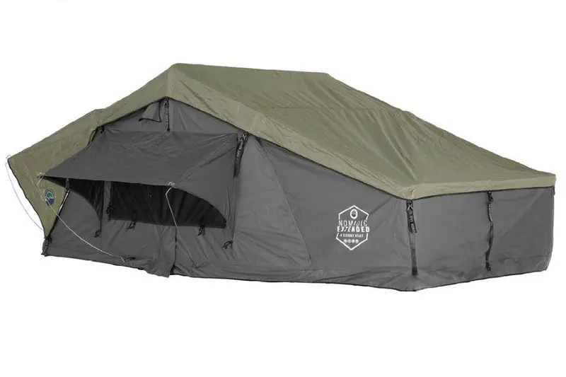 Overland Vehicle Systems Nomadic 4 Extended Roof Top Tent, Gray Body, Green Rainfly 1