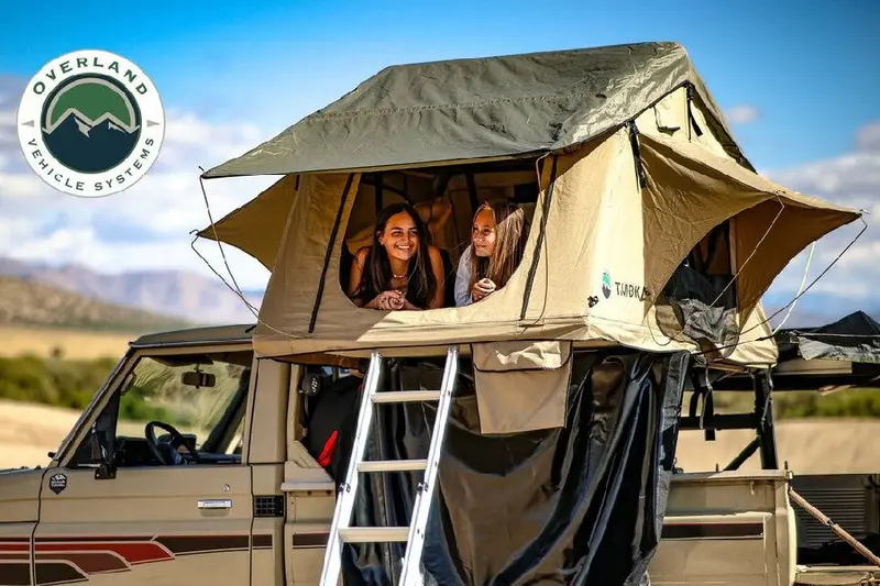 Overland Vehicle Systems Tmbk 3+ Person Rooftop Tent - Tan Base, Green Rain Fly 1