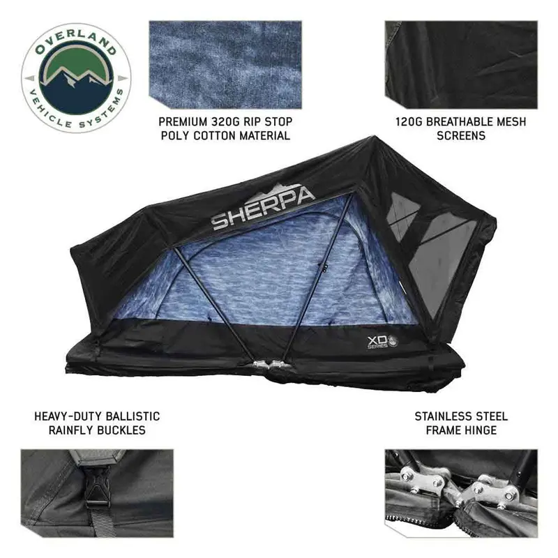 Overland Vehicle Systems Xd Sherpa Solo 1 Person Hybrid Soft Shell Roof Top Tent, Blue Body & Black Rainfly 2