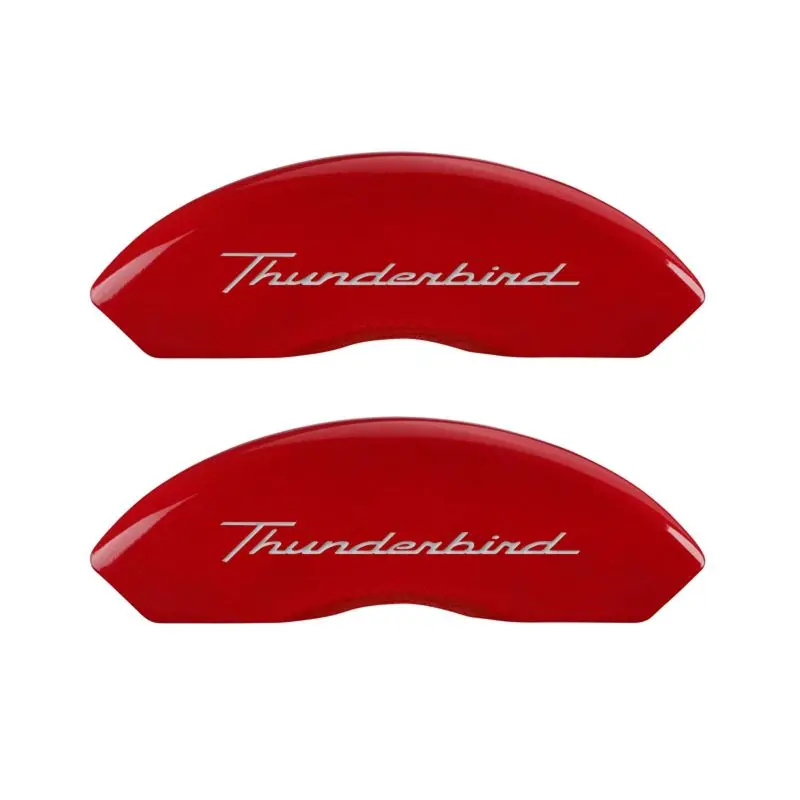 Mgp 4-Piston Caliper Covers – Engraved Front And Rear With T-Bird Logo, Red Finish On Silver Background 1