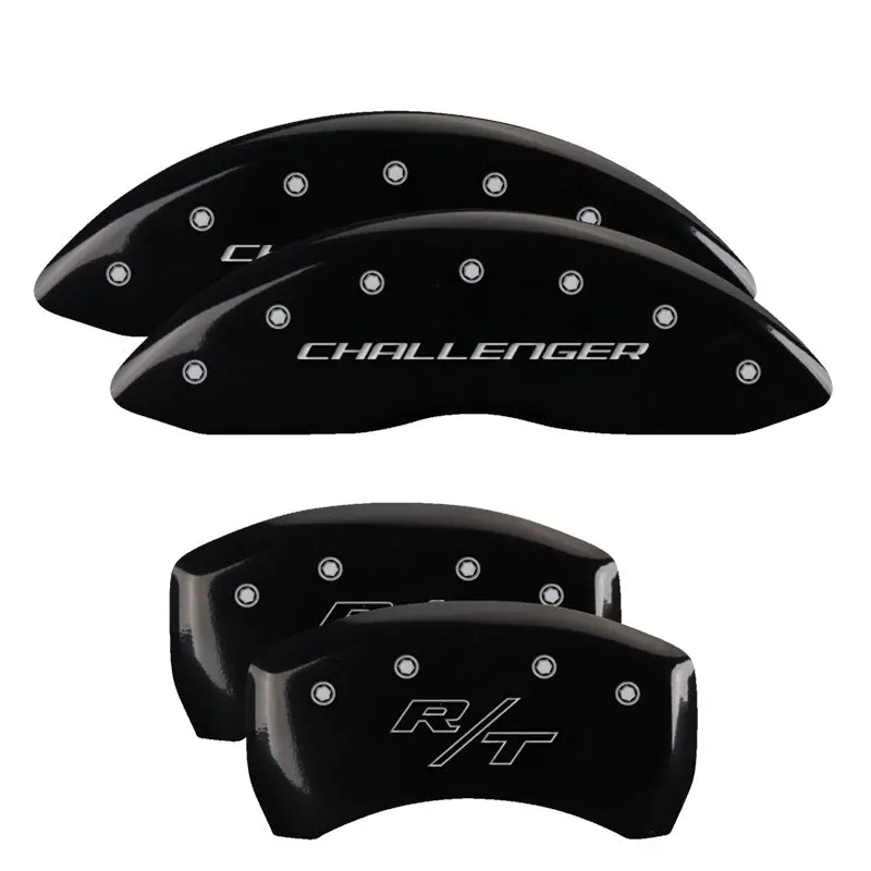 Mgp Engraved 4-Piston Caliper Covers – Front & Rear, Cursive/Charger Design, Black Base With Silver Accents 1